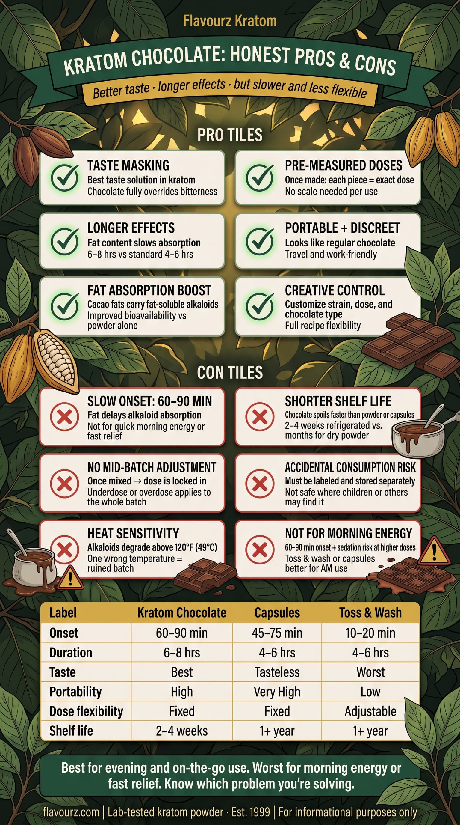 infographic for Pros and Cons of Kratom Chocolate